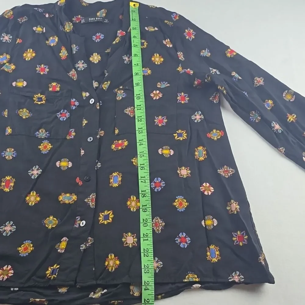 Zara -1824 Jewel Print‎ Button Up Shirt Long Sleeve Black Multicolor Medium
